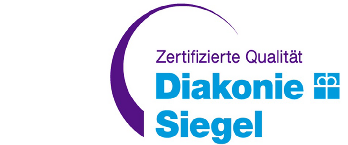 Logo des Diakonie-Siegels mit dem Schriftzug 'Zertifizierte Qualität' und einem lila Halbkreis