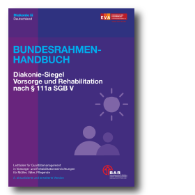 Titelblatt des Bundesrahmenhandbuchs für Diakonie-Siegel Vorsorge und Rehabilitation nach § 111a SGB V in Lila mit stilisierten Figuren und Sonnensymbol