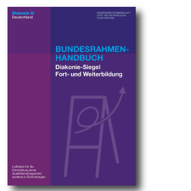 Titelblatt des Bundesrahmenhandbuchs Diakonie-Siegel Fort- und Weiterbildung in Lila mit stilisierter Tafel und Aufwärtspfeil