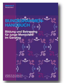 Titelblatt des Bundesrahmenhandbuchs Bildung und Betreuung für junge Menschen im Ganztag in Lila mit stilisierten Kindern im Kreis